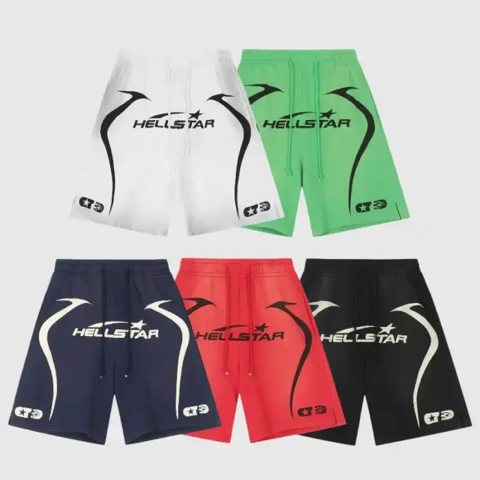 A collection of five Hellstar Warm Up Shorts in white, green, black, blue, and red, each showcasing bold Hellstar branding along with star and swoosh designs. Every pair includes a distinctive emblem on the leg.