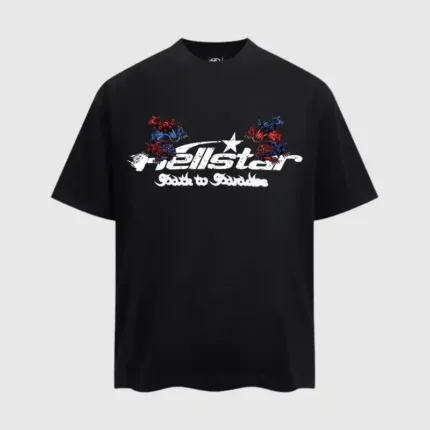 Black "Hellstar Path To Paradise" T-shirt with "Hellstar" and "Path to Paradise" printed in white on the front, adorned with vibrant red and blue dragon graphics soaring above.