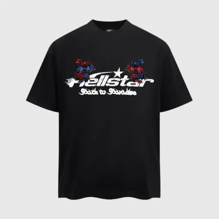 Black "Hellstar Path To Paradise" T-shirt with "Hellstar" and "Path to Paradise" printed in white on the front, adorned with vibrant red and blue dragon graphics soaring above.