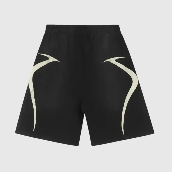 The Hellstar Warm Up Shorts 'Black' feature an elastic waistband and display a white abstract curved line design on each side, contrasting with a plain black background.